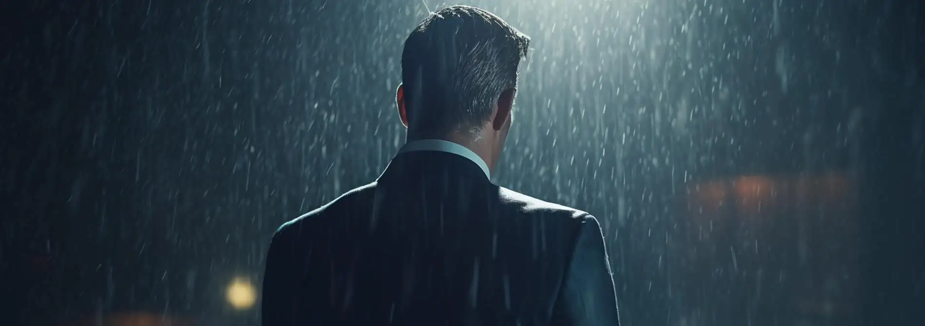 Wealthy man standing in rain depicting depression.